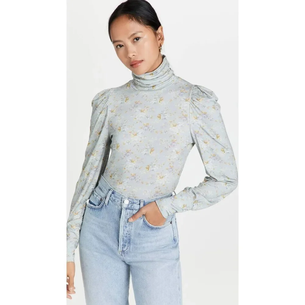 LoveShackFancy Vienna Turtleneck Top Sz S Sky Blue Floral Cottage Shabby Chic